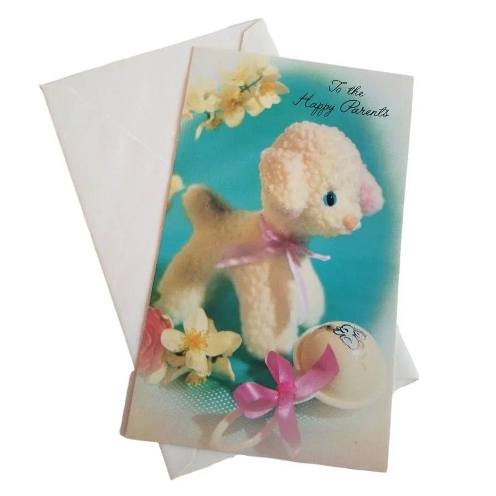 Vintage Baby Card Sunshine Line Congratulations Lamb Plush Stuffed Animal Unused